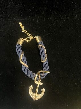 Navy Rope Bracelet with Gold Anchor Charm with rhinestones